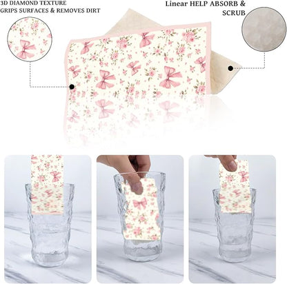 Pink Swedish Dish Cloths for Kitchen, 6 Pack Reusable Coquettte Swedish Dishcloths, Bow Absorbent Sponge Cleaning Dish Cloths for Party Home Cleaning Quick Drying Washable No Odor Hand Towel