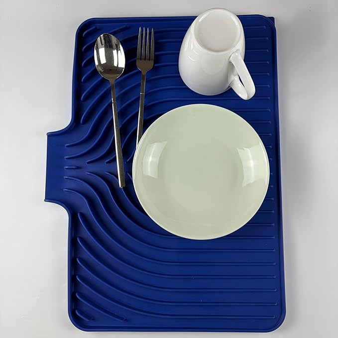 Dish Drying Mat for Kitchen Counter, with Built-in Drain Lip, Food-Grade Silicone, Easy Clean Pad for Countertop Protection, Multi-Functional Use (18x11.8, Midnight Blue)