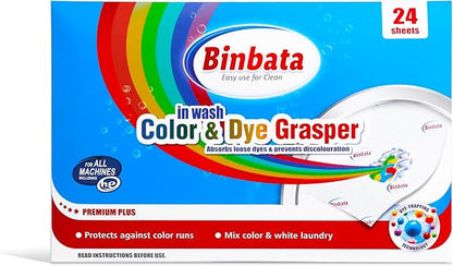 Binbata Color Grasper for Laundry 24 Count, Fragrance Free Dye Catcher Essential for Home Use, Dye Guard Grabber Sheets for Laundry in-Wash Sheets