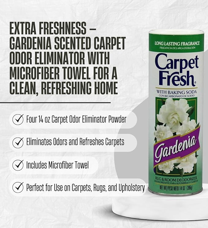 4x Carpet Fresh Gardenia Scent Carpet Odor Eliminator 14 oz Powder Bundle with Microfiber Cleaning Cloth – Eliminates Pet Odors, Provides Long-Lasting Freshness – Gift Set (5 Items)
