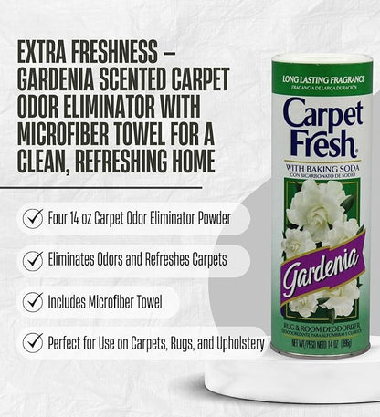 4x Carpet Fresh Gardenia Scent Carpet Odor Eliminator 14 oz Powder Bundle with Microfiber Cleaning Cloth – Eliminates Pet Odors, Provides Long-Lasting Freshness – Gift Set (5 Items)