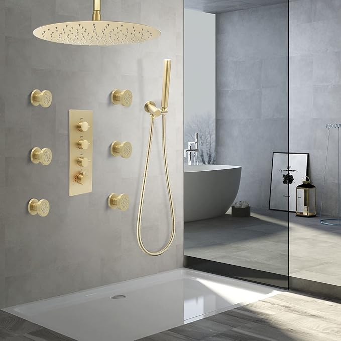 Brass Round Shower Body Spray Jets 6 Pack, HOMEDEC Spa Massage Nozzle 2inch Rain Showerhead Wall Mount Rainfall Shower Head Sprayer, Brushed Gold
