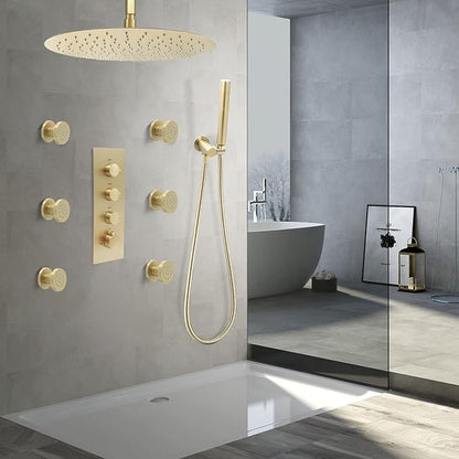 Brass Round Shower Body Spray Jets 6 Pack, HOMEDEC Spa Massage Nozzle 2inch Rain Showerhead Wall Mount Rainfall Shower Head Sprayer, Brushed Gold