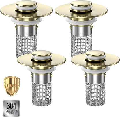Sink Stopper Hair Catcher,(4PCS) Pop-up Sink Drain Strainer with Removable Stainless Steel Strainer Basket Hair Catcher, Bathroom Sink Strainer for Bathroom Sink Stopper Replacement (4, Brushed Gold)