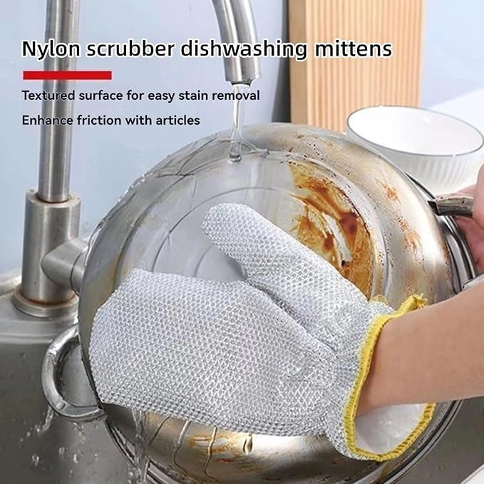 Dishwashing Gloves Nylon Scrubber Cleaning Mittens with PVC Lining & Hanging Strap for Housework Kitchen (Medium)