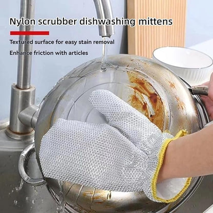 Dishwashing Gloves Nylon Scrubber Cleaning Mittens with PVC Lining & Hanging Strap for Housework Kitchen (Medium)