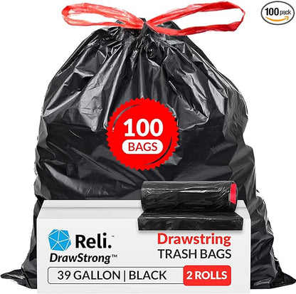 Reli. 39 Gallon Trash Bags Drawstring (100 Count) Large 39 Gallon Heavy Duty Drawstring Trash Bags, Garbage 39Gal Capacity, Lawn Leaf (39Gal, Black)