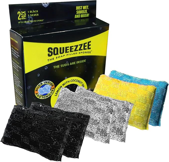 Squeezzee Soap Filled Scrubber Sponges - Non Scratch Scrubbing Sponge with Built-In Dishwashing Liquid Dish Soap - Double Sided Kitchen & Household Cleaning Scrubbers - Up to 300 Washes Per Sponge - 6