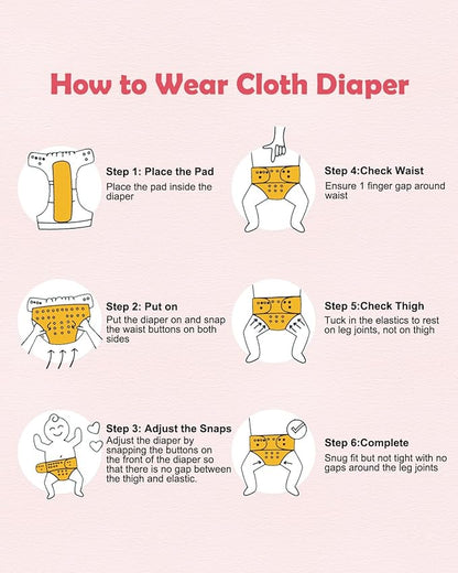 Babygoal Baby Cloth Diaper 6 Pack with 6pcs Inserts and Wet Bag for Fitted Diapers and Prefolds, Adjustable and Reusable Covers for Toddler Boys and Girls