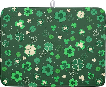 Happy St. Patrick's Day Dish Drying Mat for Kitchen Green Lucky Shamrock Clover Dish Drying Mat for Dishes Spring Irish Drying Mats 18x24 Inch Absorbent Reversible Dish Pad for Countertop Coffee Bar