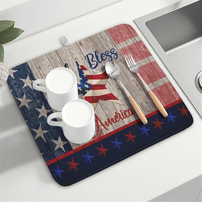 Kawani 4th of July Dish Drying Mat 16x18 Inch Patriotic God Bless America Memorial Kitchen Mats Independence Day Absorbent Dishes Pad for Kitchen Counter USA Star Drying Mat Home Decor for Countertop