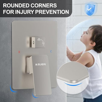 KOJOX Shower System with High Pressure 12 Inch Rainfall Shower Head, Handheld Shower head and Shower Faucet Trim valve, Bathroom Luxury Rain Mixer Shower Set Wall Mounted Brushed Nickel