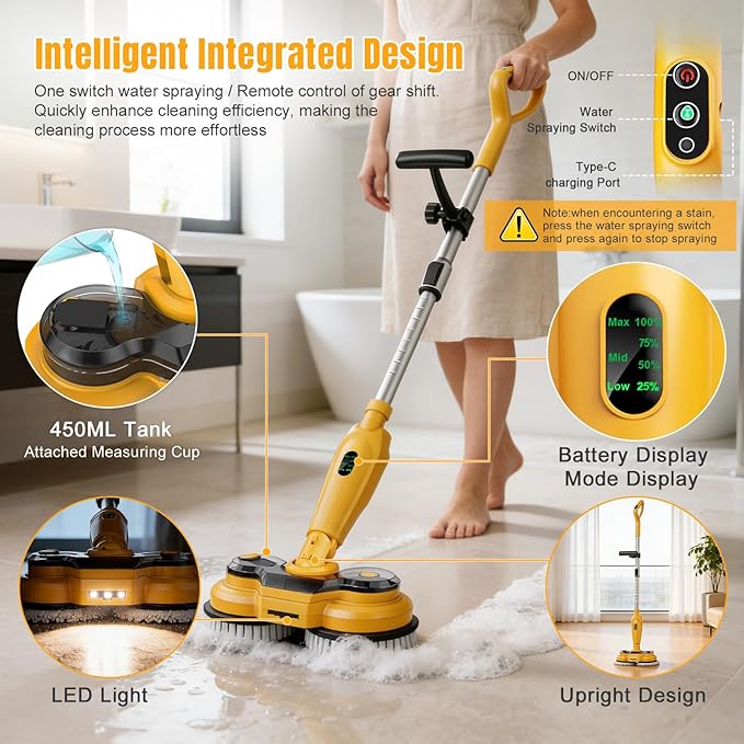 Cordless Electric Mop for Dewalt 20V Battery (NO Battery), 2 in 1 Spin Mop & Electric Floor Scrubber Machine with LED Light & Water Spray, 800 RPM Rotating Electric Mops for Floor Cleaning (Yellow)