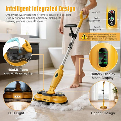 Cordless Electric Mop for Dewalt 20V Battery (NO Battery), 2 in 1 Spin Mop & Electric Floor Scrubber Machine with LED Light & Water Spray, 800 RPM Rotating Electric Mops for Floor Cleaning (Yellow)