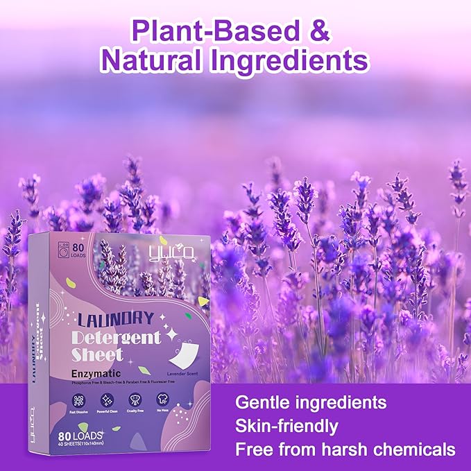 YUCO Laundry Detergent Sheets Lavender Scent 80 Loads Eco Friendly Laundry Soap Washer Sheets Liquidless Laundry Detergent Sheet for Travel No Plastic Hypoallergenic