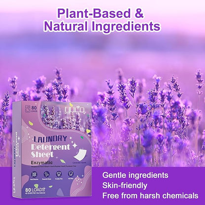 YUCO Laundry Detergent Sheets Lavender Scent 80 Loads Eco Friendly Laundry Soap Washer Sheets Liquidless Laundry Detergent Sheet for Travel No Plastic Hypoallergenic