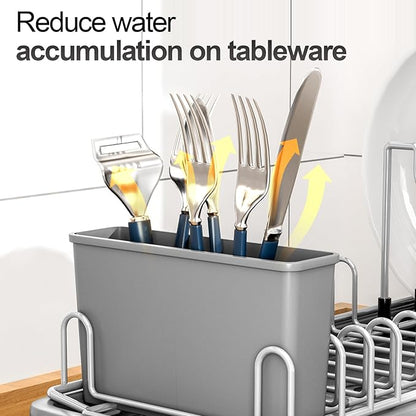 Compact Dish Drying Rack with Utensil Holder – Small Countertop Dish Drainer with 360° Rotating Drain Spout, Stainless Steel Dish Rack for Kitchen Sink, Space-Saving Design for Small Kitchen , Grey