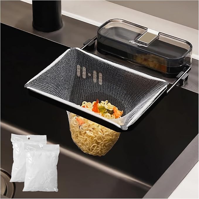 Sink Drain Strainer 2025 New Suction Cup Sink Kitchen Net Strainer Colander Collapsible Corner Sink Strainer Over for Food Waste Filtering Kitchen Leftover Have Mesh Bags (Black, Filter 100Pcs)