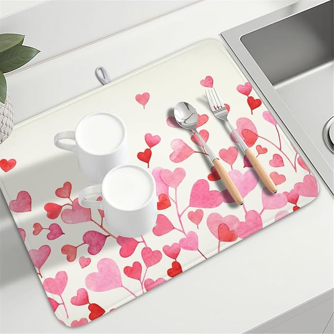 Valentine's Day Dish Drying Mat for Kitchen Counter Pink Love Heart Pattern Drying Mat 18x24 Inch Valentines Holiday Absorbent Dish Drainer Mat Kitchen Accessories