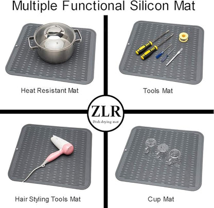 ZLR 2 Pcs Large Silicone Dish Drying Mat (16" x 18") - XL Heavy Duty Drainboard Mat for Pots, Pans & Family Loads - Heat Resistant Trivet & Counter Protector, Easy Clean (Dark Gray)