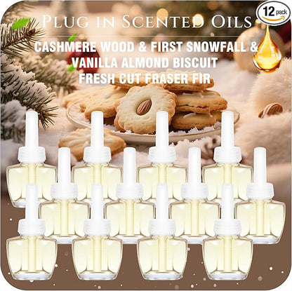 Plug In Refills, Vanilla Almond Biscuit, Cashmere Wood, Fresh Cut Fraser Fir, First Snowfall, for Home and Bathroom 7.92 Fl Oz, 12 Count, Compatible with Air Wick & Glade, Not Include Glade Plus