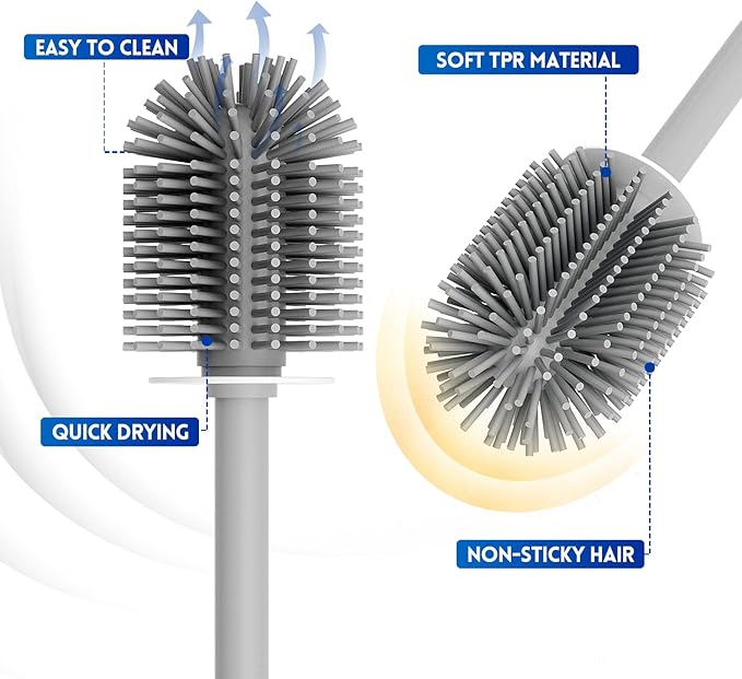Y-in Hand Toilet Brush and Holder Set, Silicone Toilet Bowl Cleaner Brush Bristles, Bathroom and RV Cleaning Tools, Space Saving Toilet Scrubber, Wall Mountable. (Grey)