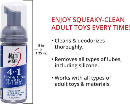 Adam & Eve Sex Toy Cleaner, 4 In 1 Pure And Clean Foaming Adult Toy Cleaner, Fast Acting Misting Spray For Adult Toys, Vibrators, Dildos, Tea Tree Oil Formula Perfect for Gifting, No Residue, 1.6 oz