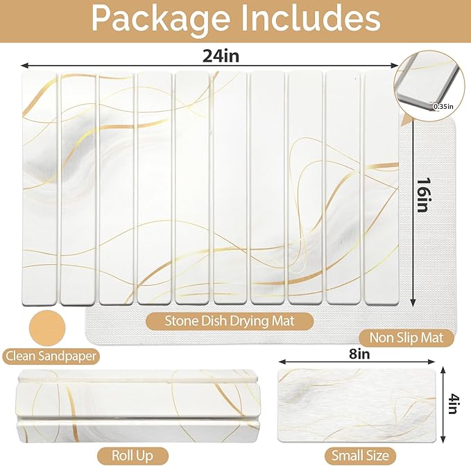 Large Stone Dish Drying Mat for Kitchen Counter, 2PCS Quick Dry Stone Dishes Mat,Foldable Water Absorbing Drying Organizer Pad for Plate Rack Bottles Utensils(Printed White Gold 24"×16" & 8"x4")