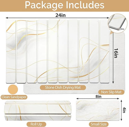 Large Stone Dish Drying Mat for Kitchen Counter, 2PCS Quick Dry Stone Dishes Mat,Foldable Water Absorbing Drying Organizer Pad for Plate Rack Bottles Utensils(Printed White Gold 24"×16" & 8"x4")
