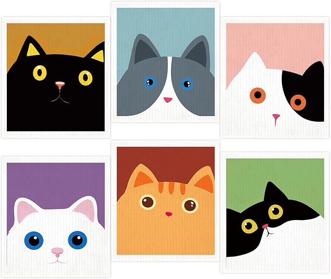 Morigins Cute Cat Swedish Dish Clothes Pack of 6, Reusable, Absorbent Hand Towels for Kitchen, Bathroom and Cleaning Counters Cellulose Sponge Cloth