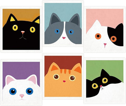 Morigins Cute Cat Swedish Dish Clothes Pack of 6, Reusable, Absorbent Hand Towels for Kitchen, Bathroom and Cleaning Counters Cellulose Sponge Cloth