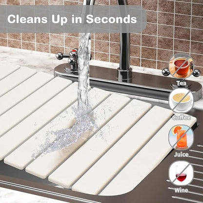 Large Stone Dish Drying Mat for Kitchen Counter, 24"(L)×16"(W), Collapsible Quick Drying Mat, Absorbent Eco-Friendly Diatomaceous Earth Mats for Dishes Bottles, Match Any Countertop - White