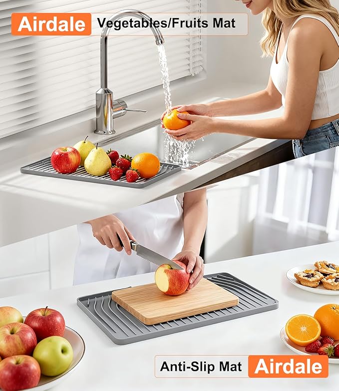 Airdale Dish Drying Mat, Drying Matt Kitchen Counter Silicone Non-Slip Heat Resistant Pad Dishwasher safe Eco-friendly(19 x 14 inches, Grey)