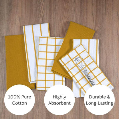 Assorted Waffle Kitchen Towels 100% Cotton Set of 6 - Heavy Duty 320 GSM Quality Dish Cloths Towel - Soft Absorbent Washable for Kitchen Use -Quick Drying Dish Towel 16x26 Mustard Yellow