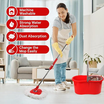 Spin Mop and Bucket with Wringer Set, 360° Spinning Mop and Bucket System with Double Cotton Tip Replacement Heads and Stainless Steel Adjustable Handle for Floor Cleaning (20QT)