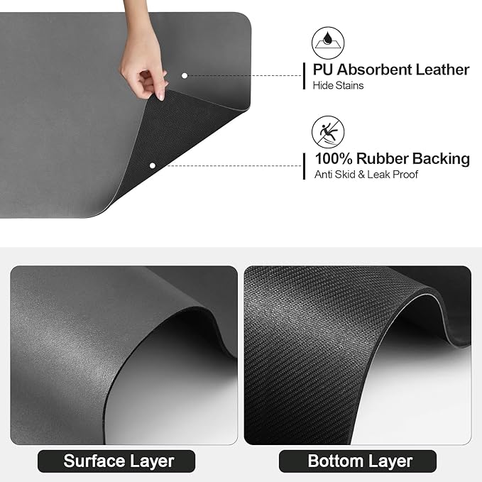Ecotrim - Dish Drying Mat for Kitchen Counter | Coffee Bar Mat for Countertops | Heat Resistant Drainer Mat with Non-slip Rubber Backed | Hide Stain Kitchen Absorbent Draining Mat | Dark Grey 18"x32"