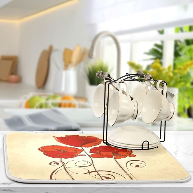 Super Absorbent Dish Drying Mat, Microfiber Fast-Drying Dish Mat, 24" x 18", Kitchen Dish Drying Pad, Red Poppy Flowers Retro