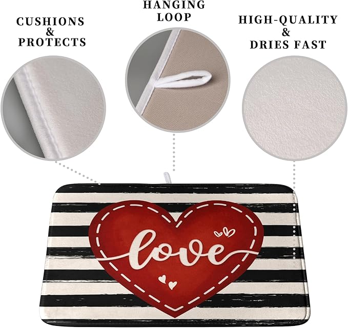 Valentine's Day Dish Drying Mat for Kitchen Counter 18x24 Black White Stripes Red Love Heart Dishes Drainer Mats Absorbent Dish Pad Large Dish Draining Mat for Coffee Bar