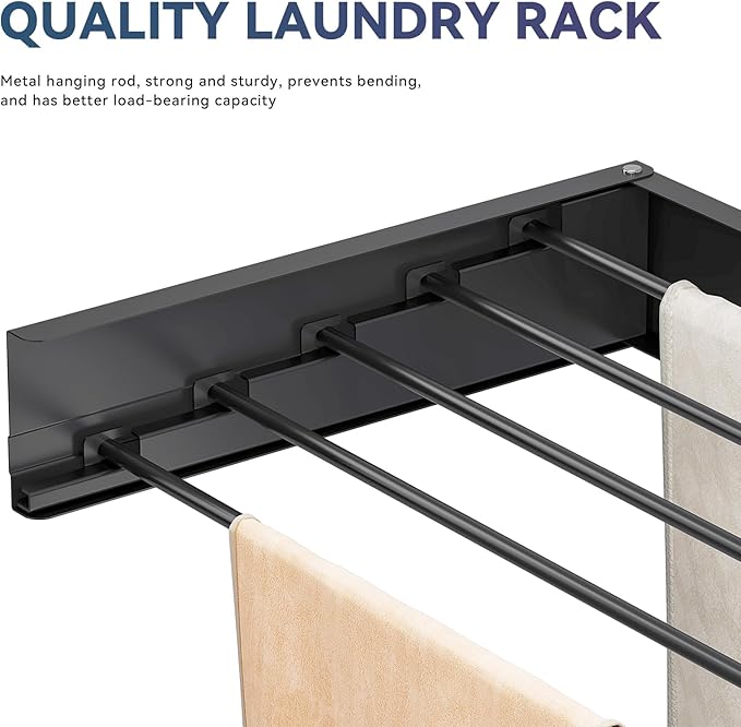 APEXCHASER Wall Mounted Clothes Drying Rack, 32'' Laundry Drying Rack Retractable, Towel Racks for Bathroom Balcony Laundry Room Wall Mount, Foldable Drying Rack for Clothing, Black