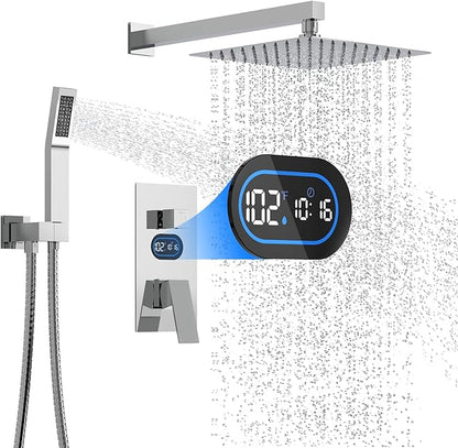 Shower Faucet Set with Hydro Power Temperature Display, Shower System Bathroom 12 Inches Shower Head with Handheld Spray, Wall Mounted Shower Fixtures with Shower Valve and Trim Kit, Polished Chrome