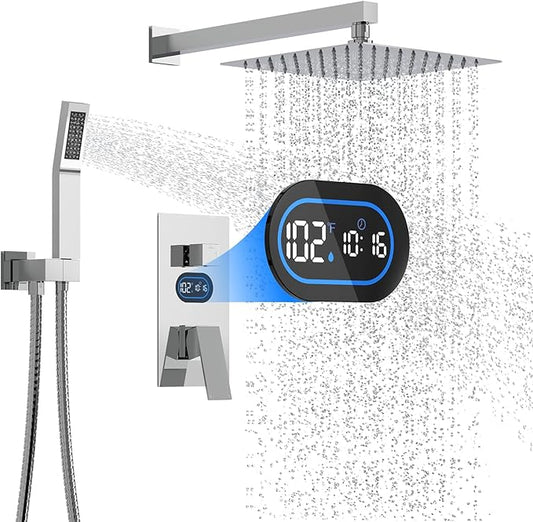 Shower Faucet Set with Hydro Power Temperature Display, Shower System Bathroom 10 Inches Shower Head with Handheld Spray, Wall Mounted Shower Fixtures with Shower Valve and Trim Kit, Polished Chrome