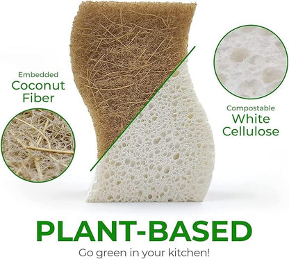 Natural Kitchen Sponges (24 Pack) - Biodegradable Cellulose & Coconut Scrubber Dish Sponges for Kitchen - Eco-Friendly, Non Scratch, Compostable, Non Toxic S-Shaped Natural Sponges for Dishes