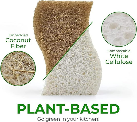 Natural Kitchen Sponges (24 Pack) - Biodegradable Cellulose & Coconut Scrubber Dish Sponges for Kitchen - Eco-Friendly, Non Scratch, Compostable, Non Toxic S-Shaped Natural Sponges for Dishes