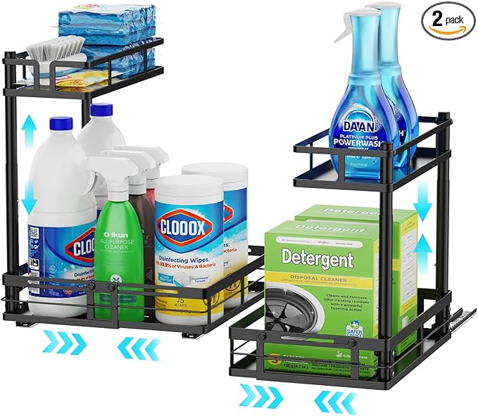 iSPECLE Under Kitchen Sink Organizer, 2 Pack L-Shaped Height Adjustable Pull-Out Cabinet Organizer for Center-Mounted Garbage Disposal & Plumbing, Heavy-Duty Sliding for 30-36 Inch Wide Sink Cabinets