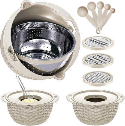 4-1 Colander with Bowl & Spoons Set - Rotatable Colander for kitchen with New Upgraded Graters, Food Strainer(Patented) for Pasta, Fruits, Vegetables, Funny Presents for Women, Beige