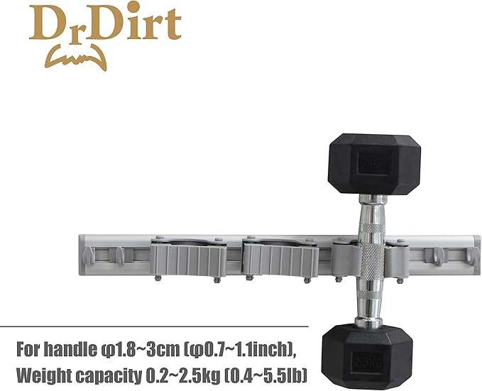 DrDirt Mop and Broom Holder Wall Mount | Heavy Duty Aluminum Mop & Broom Organizer with 3 Slots and 4 Hooks | Wall Mounted Storage for Kitchen, Bathroom, Laundry Room