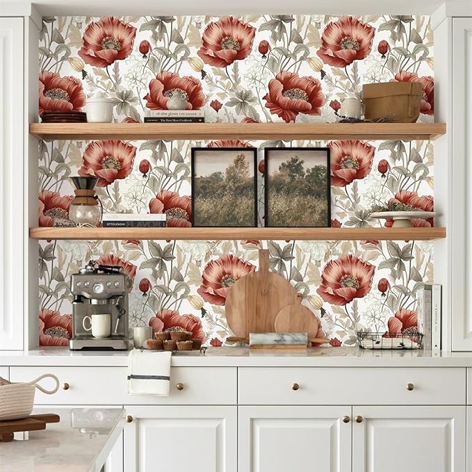 Jeweluck Floral Peel and Stick Wallpaper Boho Floral Contact Paper 16.9inch x 118.1inch Vintage Flowers Wall Paper Botanical Self Adhesive Removable Wallpaper for Bathroom Bedroom Waterproof Vinyl