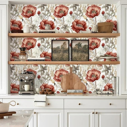 Jeweluck Floral Peel and Stick Wallpaper Boho Floral Contact Paper 16.9inch x 118.1inch Vintage Flowers Wall Paper Botanical Self Adhesive Removable Wallpaper for Bathroom Bedroom Waterproof Vinyl
