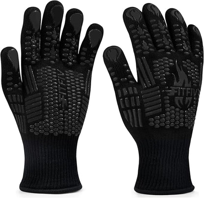 BBQ Gloves, Oven Gloves, 1472°F Extreme Heat Resistant Barbecue Gloves, Silicone Non-Slip Oven Mitts, Kitchen for Cooking, Grilling, and Baking (Black)
