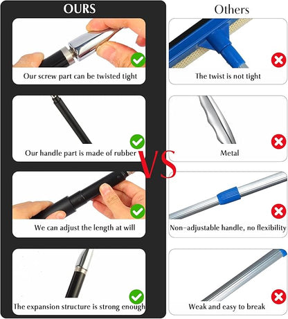 Shower Squeegee with Long Handle – Includes Replacement Silicone Blade, Extendable 13" to 48", 14" Wide for Glass, Mirrors, Windows, Bathroom Tiles & Walls, Telescopic Wiper with Hooks (Black)